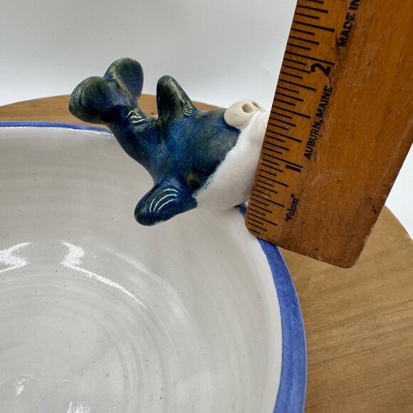 John Nishio Studio Art Pottery Bowl 2 Happy Dolphins Sharks Ocean Blue Trim 3D C - Picture 13 of 16
